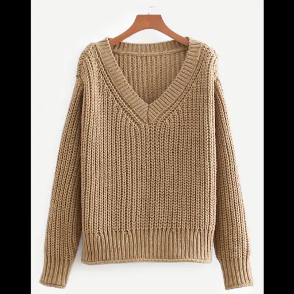 V Neck Knit Sweater Tan Beige